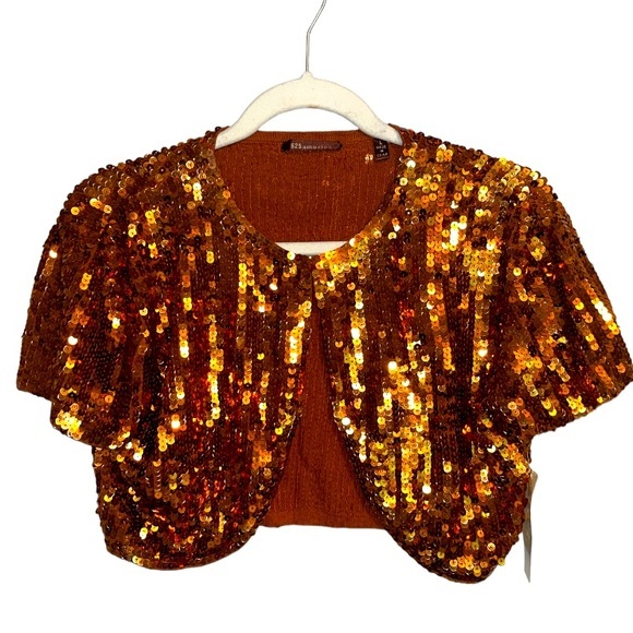 525 American Bronze Sequins Short Sleeve Jacket Shrug  Clip Closure Size Large - Picture 1 of 6